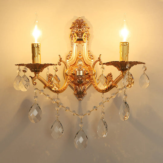 Modern Gold Wall Sconce With Crystal Drops - 1/2 Lights Metal Candelabra