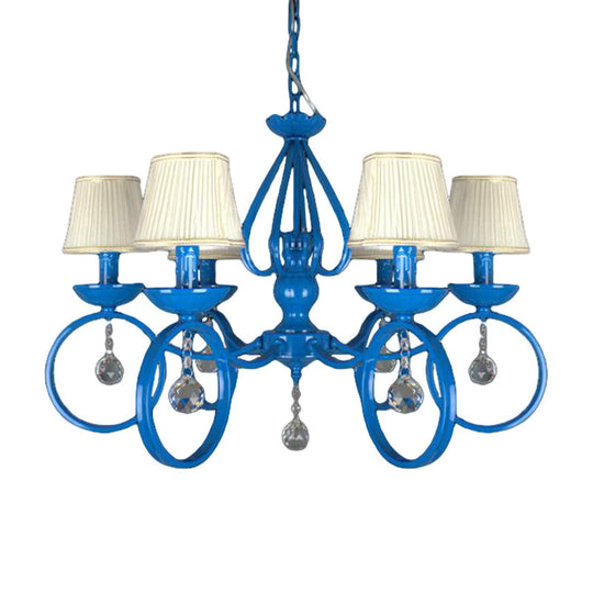 Blue Fabric Cone Pendant Lamp: Classic Chandelier Light Fixture With Crystal Draping Ideal For