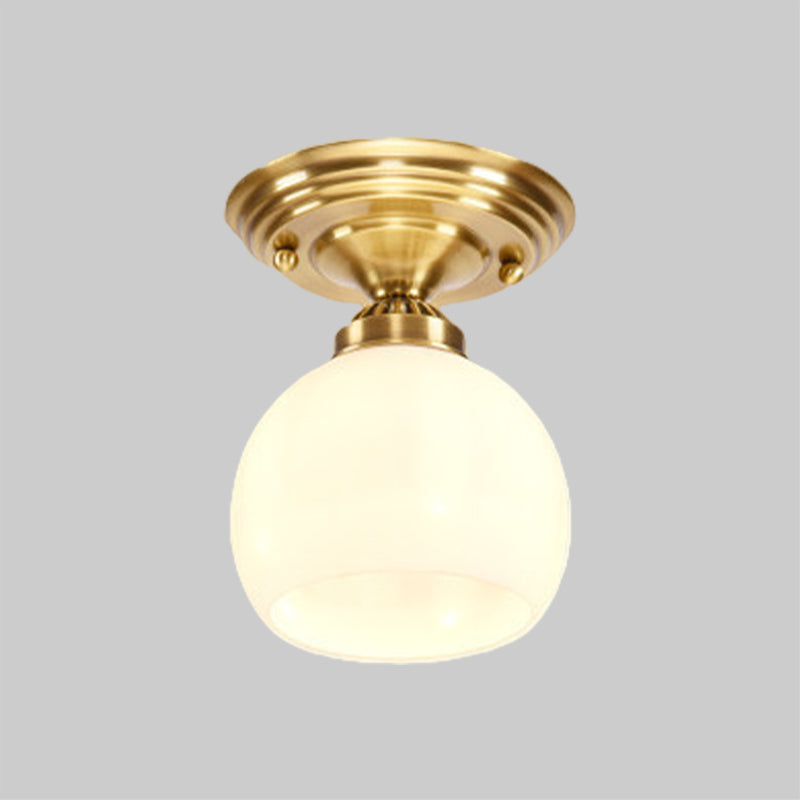 Classic 1-Light Glass Flush Mount Lamp In Brass - Globe/Cone Design For Corridor Ceiling Lighting