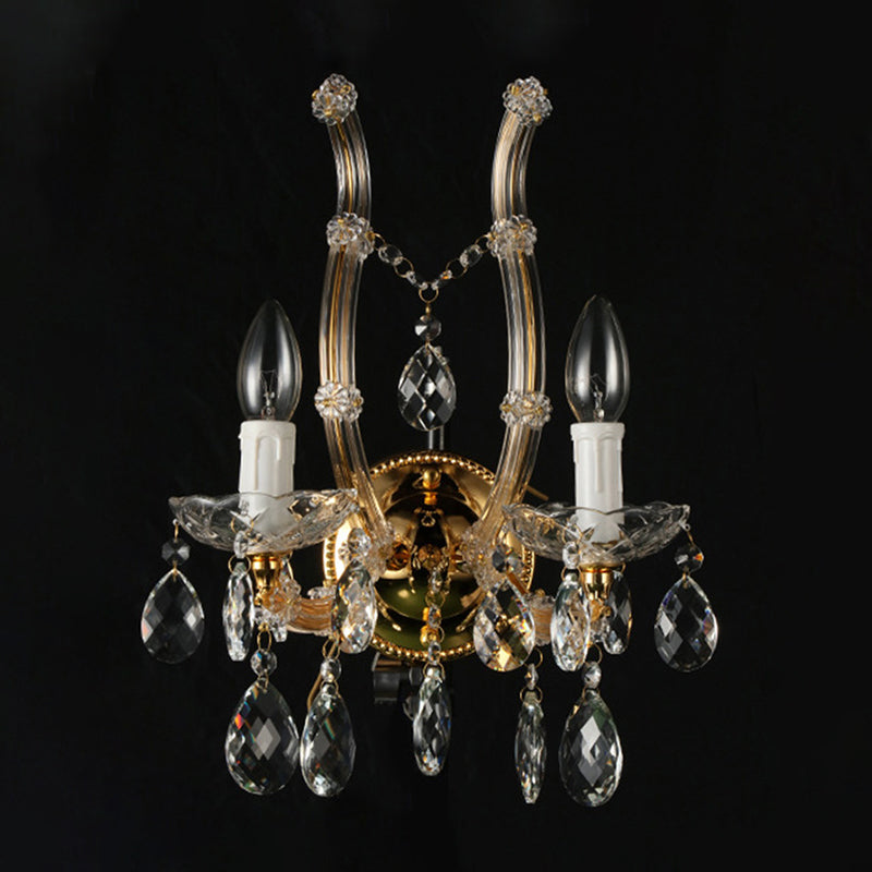 Contemporary Amber Glass Wall Light With Crystal Deco - Gold Finish 2 Lights