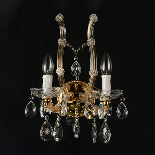 Contemporary Amber Glass Wall Light With Crystal Deco - Gold Finish 2 Lights