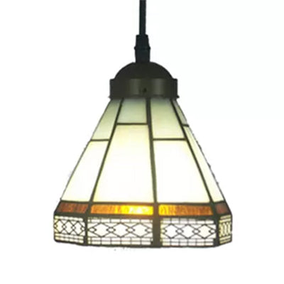 Tiffany-Style Stained Glass Conical Drop Lamp: Beige/Green/Blue Pendant Light For Living Room