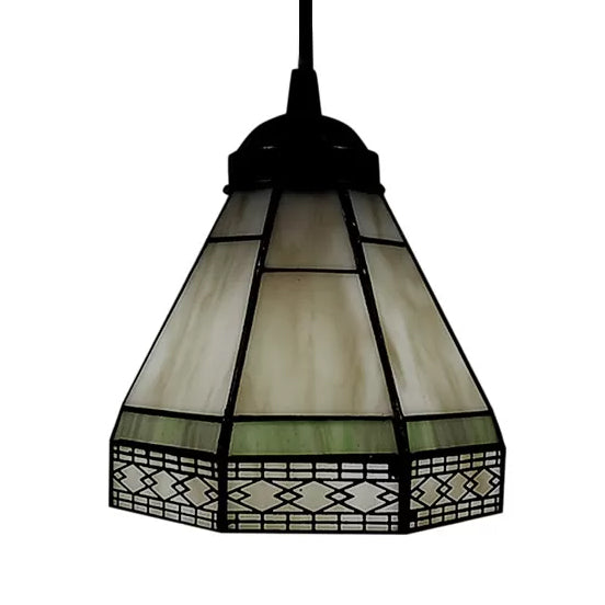 Tiffany-Style Stained Glass Conical Drop Lamp: Beige/Green/Blue Pendant Light For Living Room