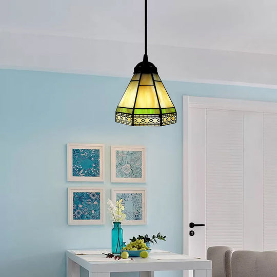 Tiffany-Style Stained Glass Conical Drop Lamp: Beige/Green/Blue Pendant Light For Living Room Green