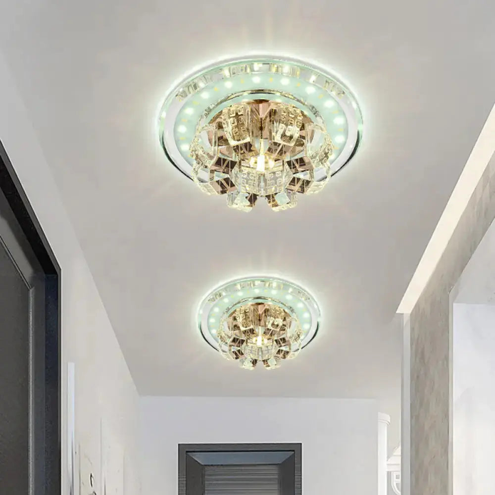 Contemporary Crystal Led Ceiling Light: Round Flush Mount In Chrome / White