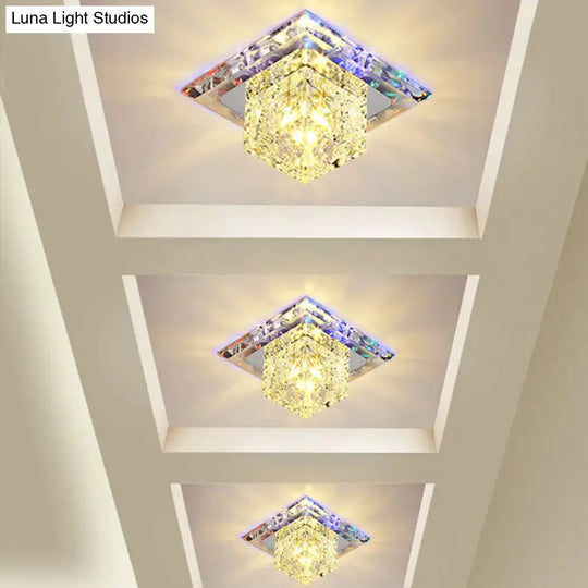 Contemporary Cube Crystal Led Flush Mount Ceiling Light In Chrome For Hallways