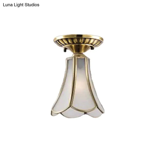 Frosted Glass Flush Lamp - Curved/Cylinder/Flower Design 1-Light Corridor Mount Light In Brass