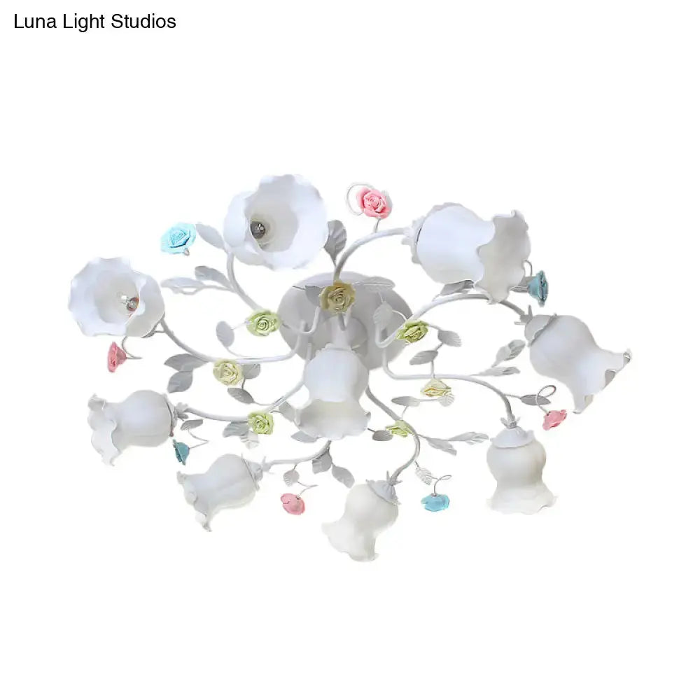 Frosted Cream Glass Ruffle Ceiling Light - 9 Lights Semi Flush Mounted Lamp For Bedrooms Pink/Green