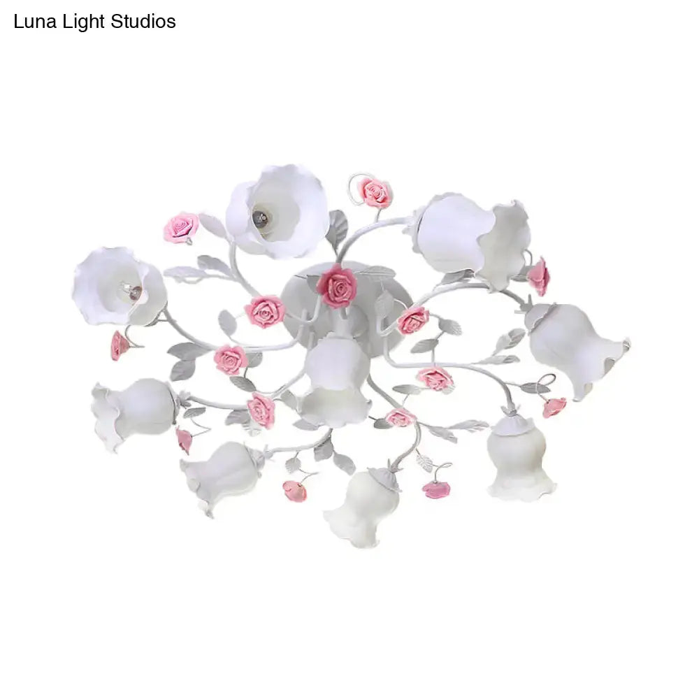 Frosted Cream Glass Ruffle Ceiling Light - 9 Lights Semi Flush Mounted Lamp For Bedrooms Pink/Green