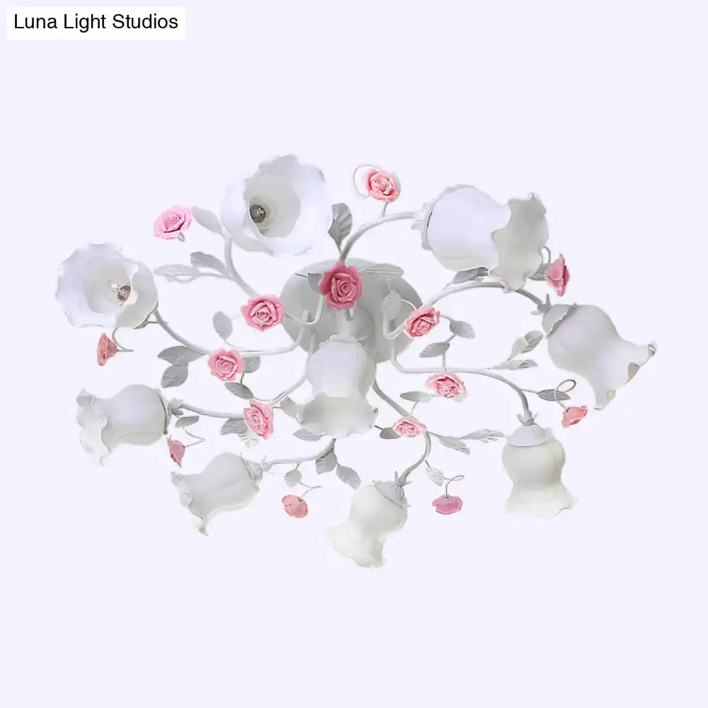 Frosted Cream Glass Ruffle Ceiling Light - 9 Lights Semi Flush Mounted Lamp For Bedrooms Pink/Green