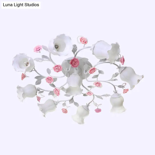 Frosted Cream Glass Ruffle Ceiling Light - 9 Lights Semi Flush Mounted Lamp For Bedrooms Pink/Green