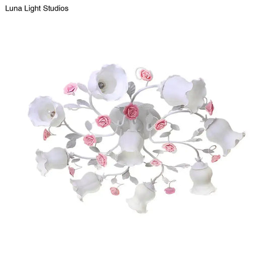 Frosted Cream Glass Ruffle Ceiling Light - 9 Lights Semi Flush Mounted Lamp For Bedrooms Pink/Green