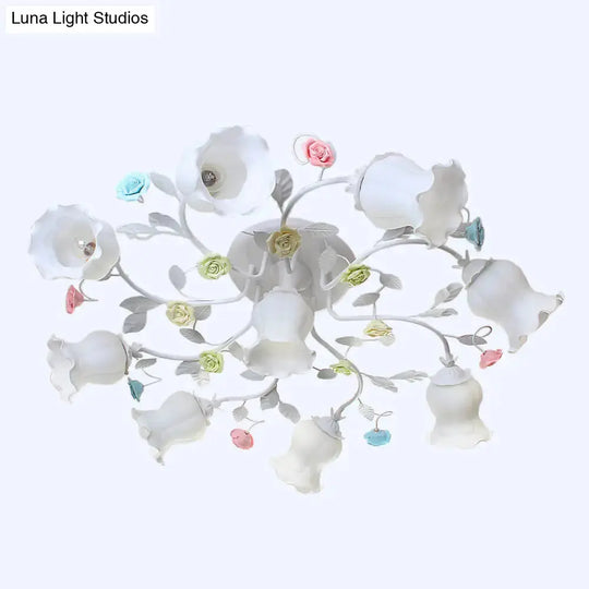 Frosted Cream Glass Ruffle Ceiling Light - 9 Lights Semi Flush Mounted Lamp For Bedrooms Pink/Green