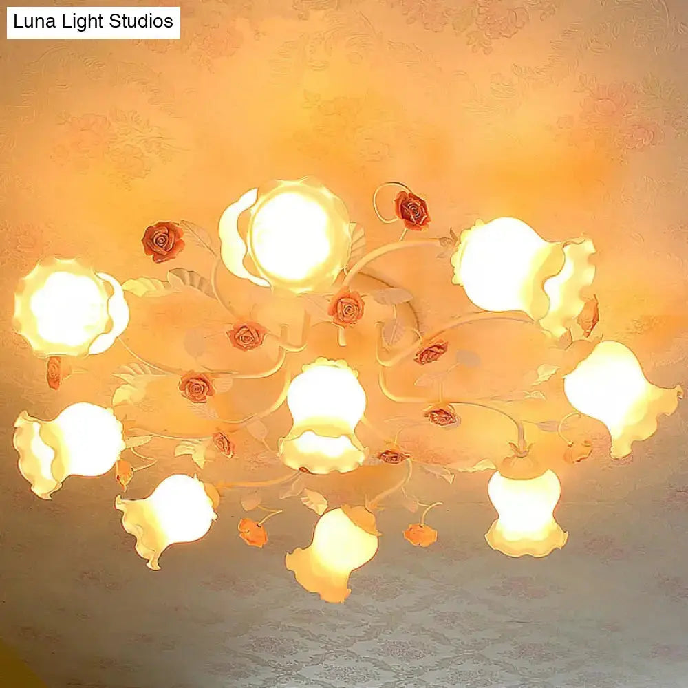Frosted Cream Glass Ruffle Ceiling Light - 9 Lights Semi Flush Mounted Lamp For Bedrooms Pink/Green