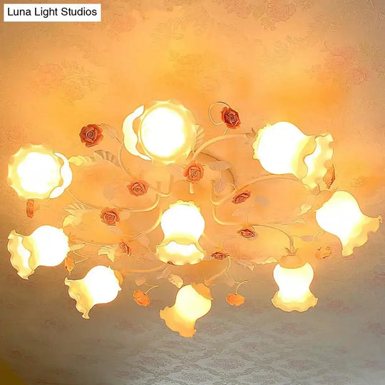 Frosted Cream Glass Ruffle Ceiling Light - 9 Lights Semi Flush Mounted Lamp For Bedrooms Pink/Green