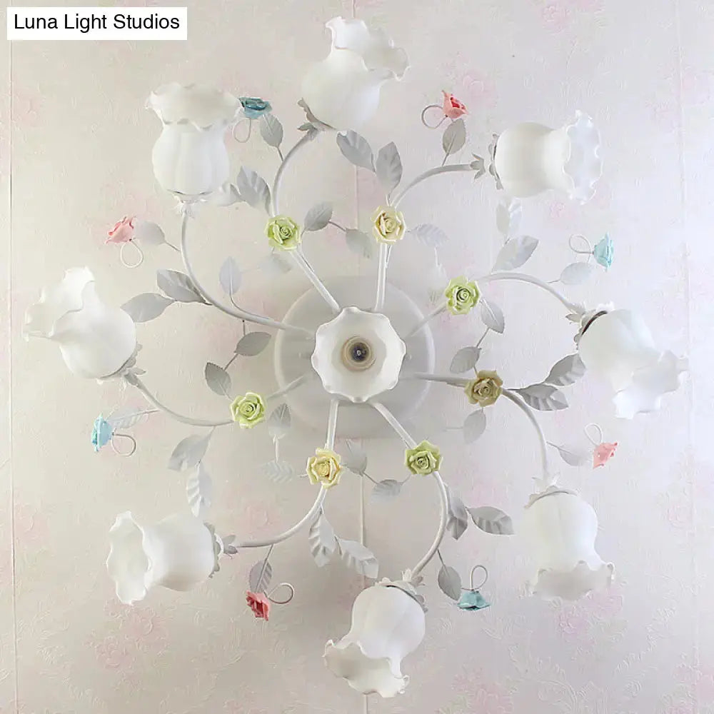 Frosted Cream Glass Ruffle Ceiling Light - 9 Lights Semi Flush Mounted Lamp For Bedrooms Pink/Green