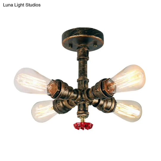 Iron Industrial-Style 4-Light Bronze Semi Flush Mount With Burst Pipe Foyer Ceiling Design