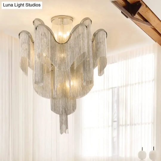 Modern Aluminum Tiered Tassel Semi Flush Led Ceiling Lamp For Living Room