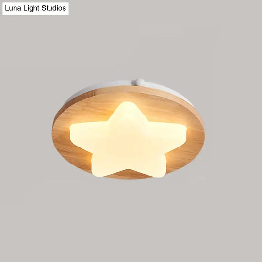 Modern Geometric Wooden Led Bedroom Flush Ceiling Light With Beige Acrylic Shade