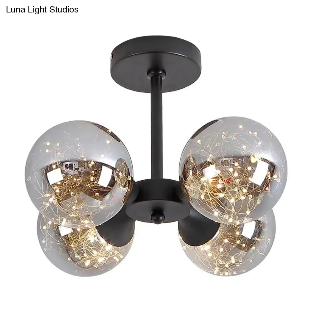 Modern Glass Semi Flush Mount Ceiling Light With Spherical Led Bulbs - 4-Light Bedroom Fixture