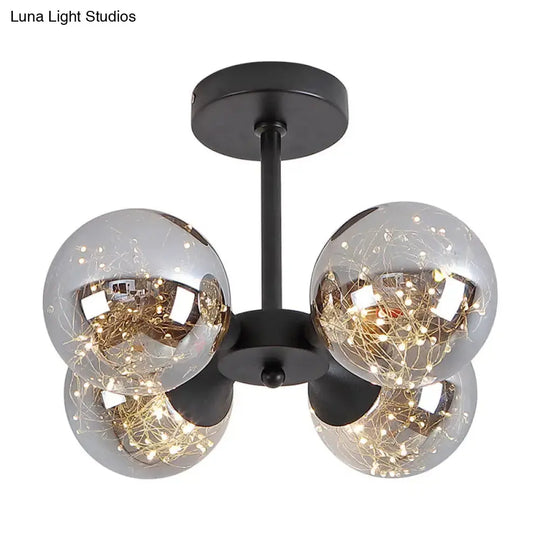 Modern Glass Semi Flush Mount Ceiling Light With Spherical Led Bulbs - 4-Light Bedroom Fixture