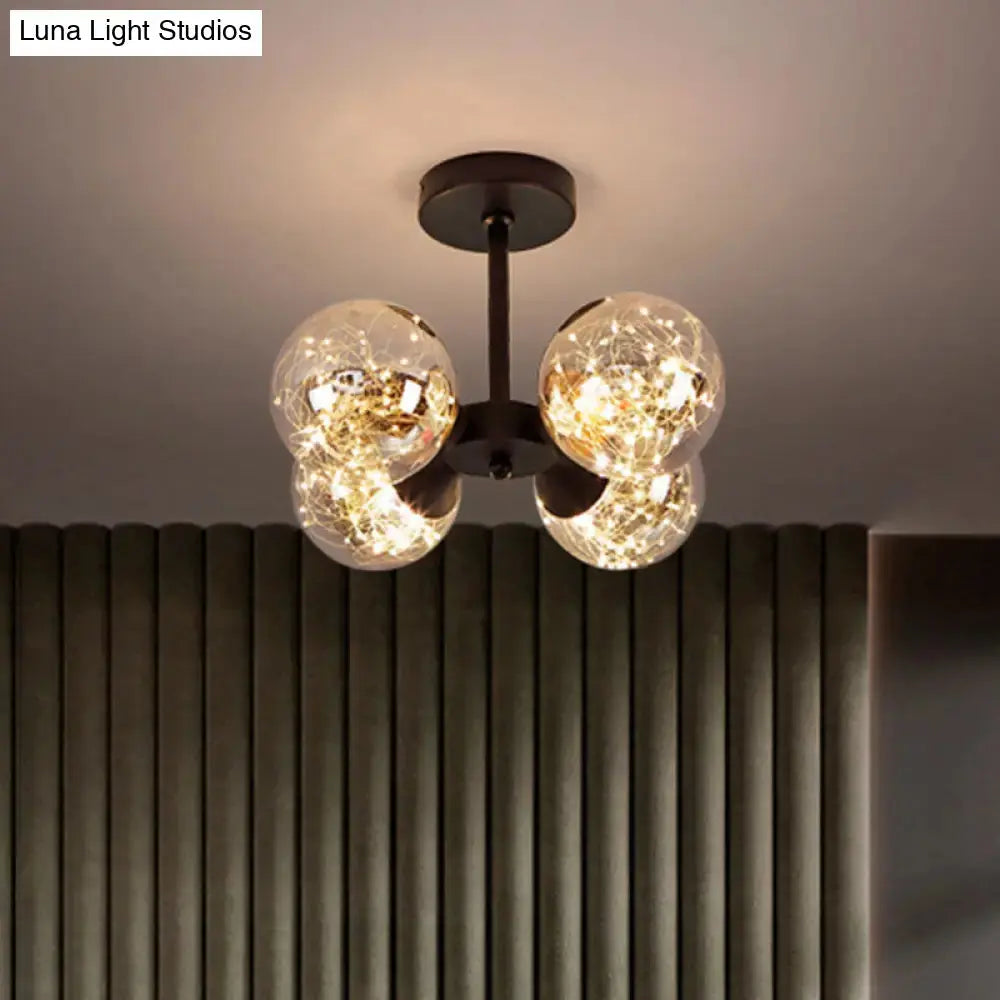 Modern Glass Semi Flush Mount Ceiling Light With Spherical Led Bulbs - 4-Light Bedroom Fixture