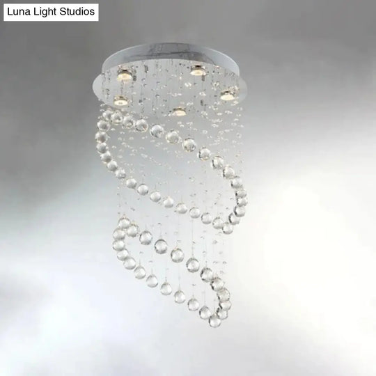 Modern Nickel Circle Flush Mount Lighting With 5 Crystal Sphere Heads - Ideal For Living Room