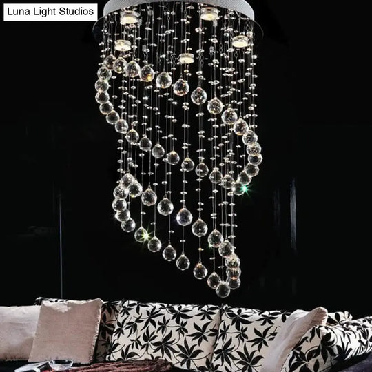 Modern Nickel Circle Flush Mount Lighting With 5 Crystal Sphere Heads - Ideal For Living Room