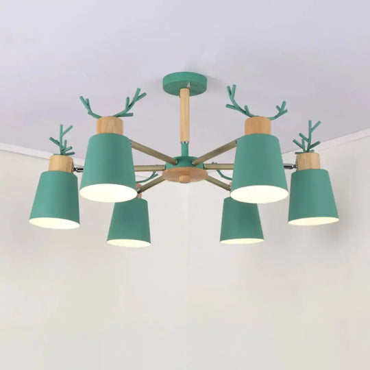 Nordic Antler Semi Flush Mount Ceiling Light With Metal Shade - 6 Bulbs / Green