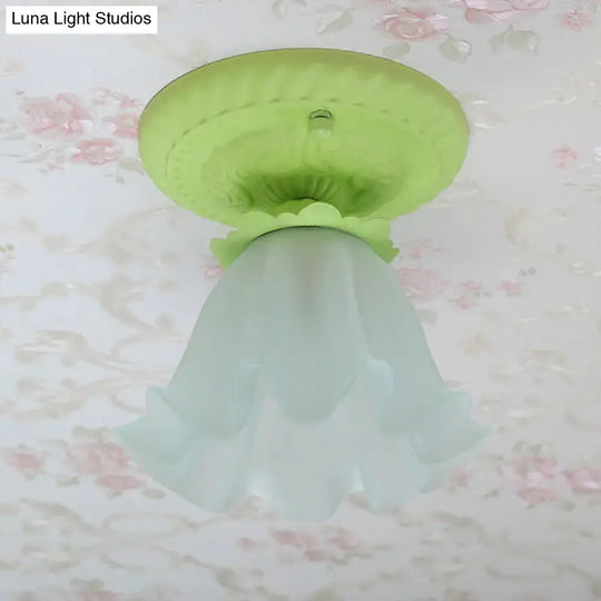 Pastoral Style Floral Flush Ceiling Light - White/Green/Pink Frosted Glass Single Bulb Mounted Lamp