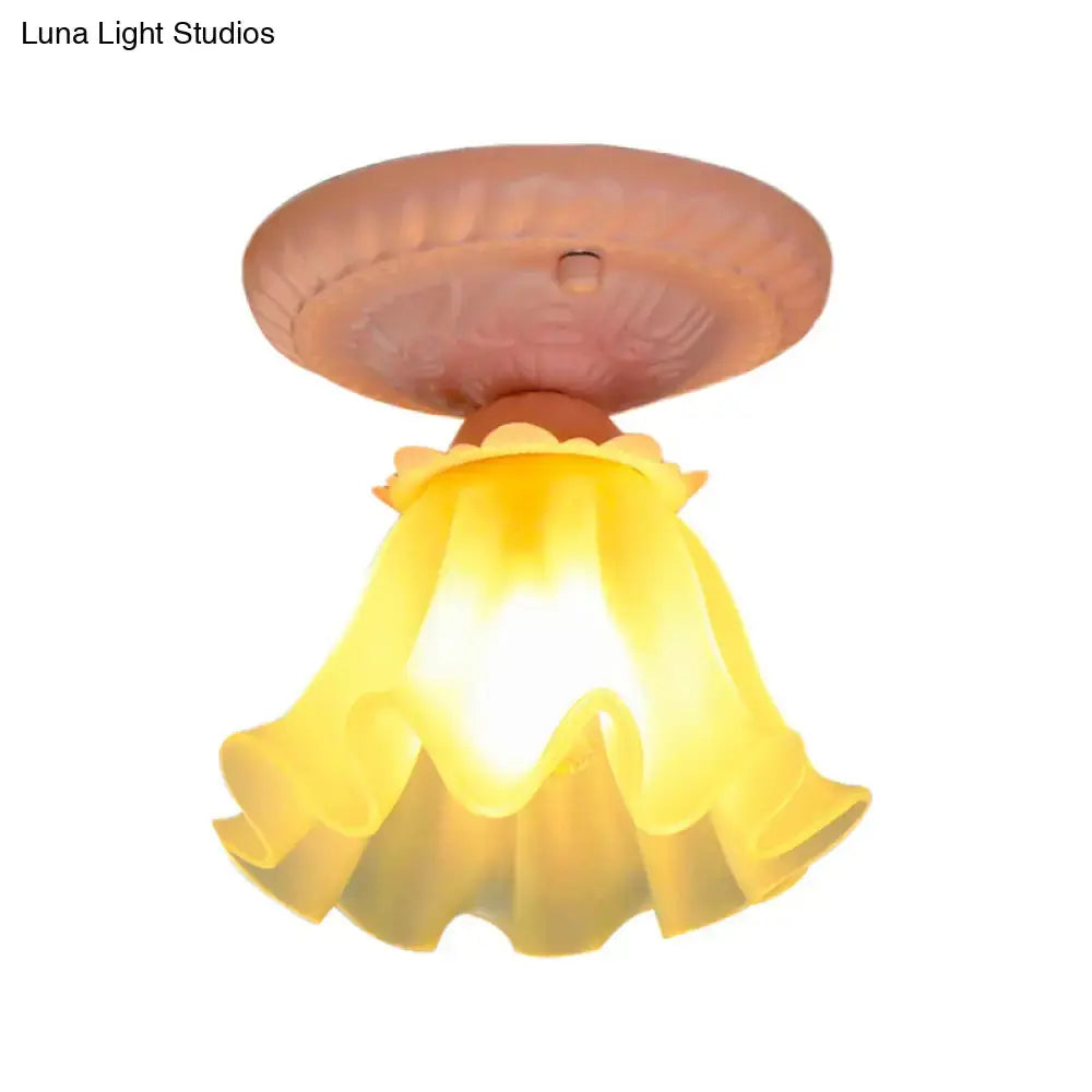 Pastoral Style Floral Flush Ceiling Light - White/Green/Pink Frosted Glass Single Bulb Mounted Lamp