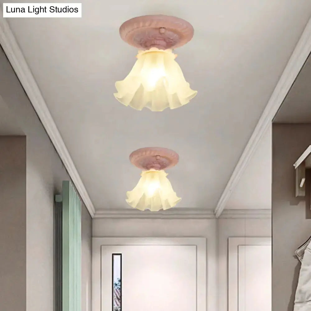 Pastoral Style Floral Flush Ceiling Light - White/Green/Pink Frosted Glass Single Bulb Mounted Lamp