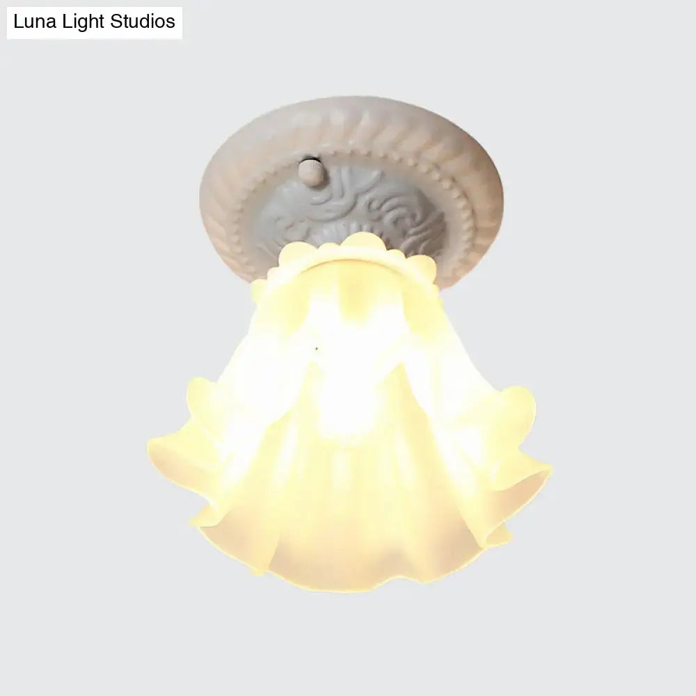 Pastoral Style Floral Flush Ceiling Light - White/Green/Pink Frosted Glass Single Bulb Mounted Lamp
