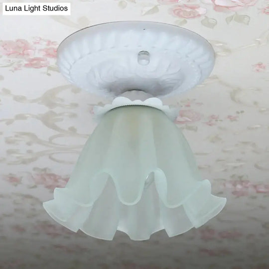 Pastoral Style Floral Flush Ceiling Light - White/Green/Pink Frosted Glass Single Bulb Mounted Lamp