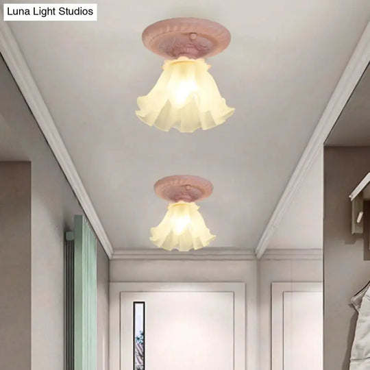 Pastoral Style Floral Flush Ceiling Light - White/Green/Pink Frosted Glass Single Bulb Mounted Lamp