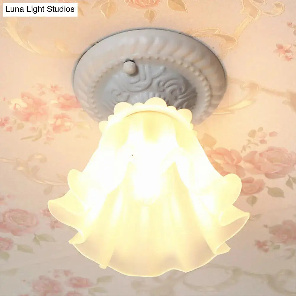 Pastoral Style Floral Flush Ceiling Light - White/Green/Pink Frosted Glass Single Bulb Mounted Lamp