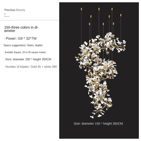 Solayne Ginkgo Leaf Chandelier – Luxury High Ceiling Statement Light D D150 H350cm / acrylic leaves / Warm White