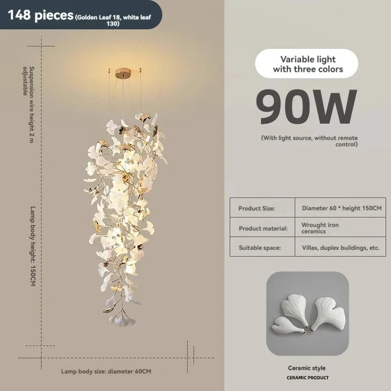 Solayne Ginkgo Leaf Chandelier – Luxury High Ceiling Statement Light B D60 H150cm / acrylic leaves / Warm White