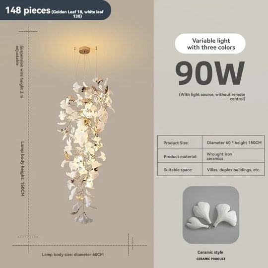Solayne Ginkgo Leaf Chandelier – Luxury High Ceiling Statement Light B D60 H150cm / acrylic leaves / Warm White