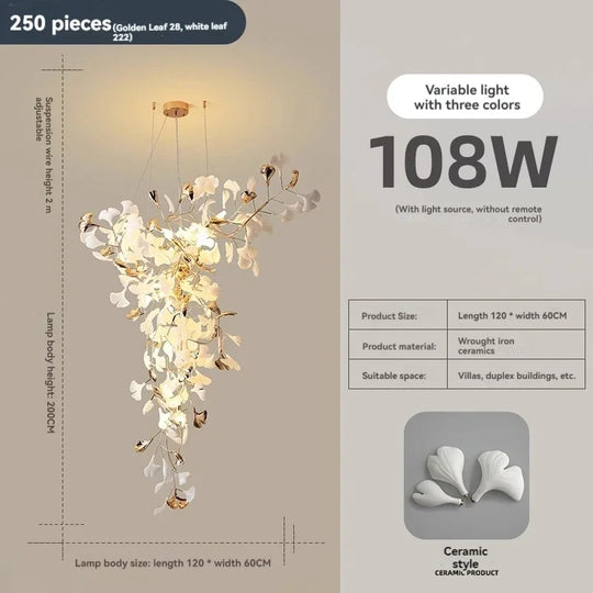Solayne Ginkgo Leaf Chandelier – Luxury High Ceiling Statement Light C L120 W60 H200cm 1 / acrylic leaves / Warm White
