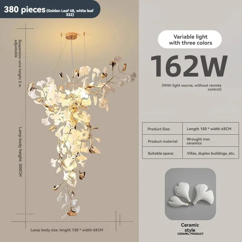 Solayne Ginkgo Leaf Chandelier – Luxury High Ceiling Statement Light C L150 W65 H300cm / acrylic leaves / Warm White