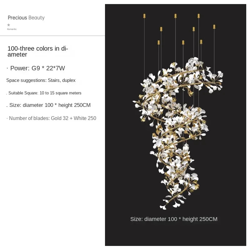 Solayne Ginkgo Leaf Chandelier – Luxury High Ceiling Statement Light D D100 H250cm / acrylic leaves / Warm White