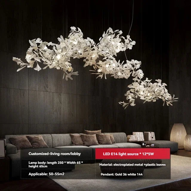 Solayne Ginkgo Leaf Chandelier – Luxury High Ceiling Statement Light F L300 W70 H70 / acrylic leaves / Warm White