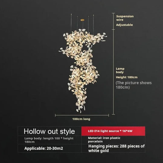 Solayne Ginkgo Leaf Chandelier – Luxury High Ceiling Statement Light E L100 W60 H180 / acrylic leaves / Warm White