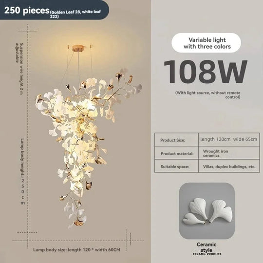 Solayne Ginkgo Leaf Chandelier – Luxury High Ceiling Statement Light C L120 W65 H250cm / acrylic leaves / Warm White