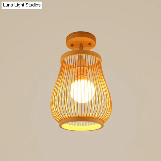 Sleek Asian Bamboo Geometric Semi Flush Mount Ceiling Light With Wood Finish