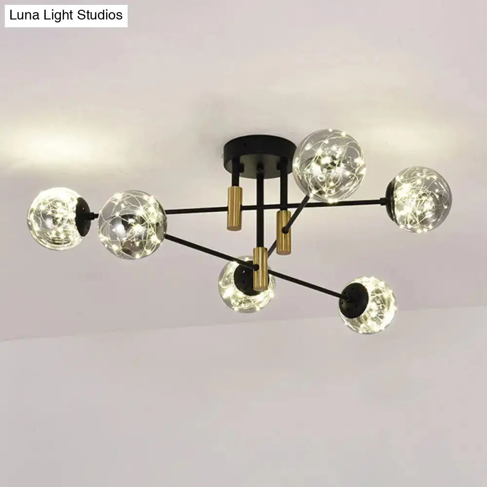 Starry Nordic Ball Semi Flush Light Fixture In Black Smoke Glass - Ideal For Living Room Ceiling