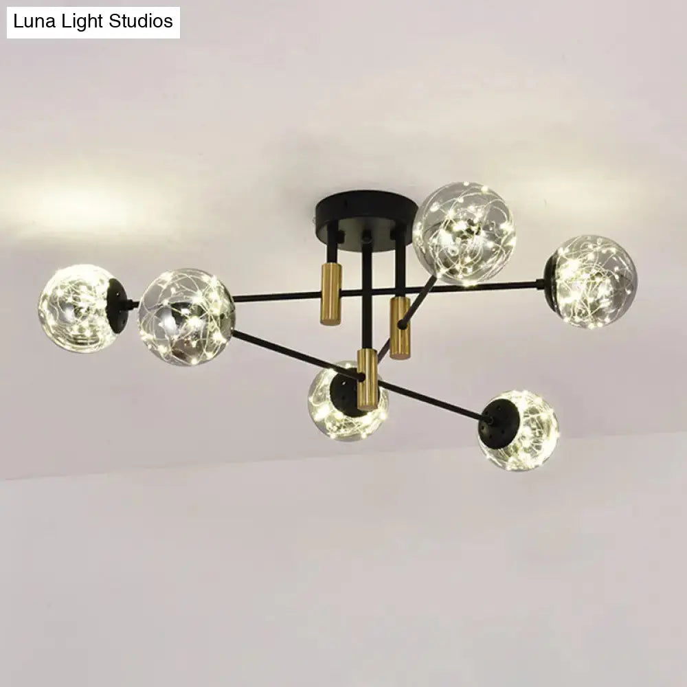 Starry Nordic Ball Semi Flush Light Fixture In Black Smoke Glass - Ideal For Living Room Ceiling