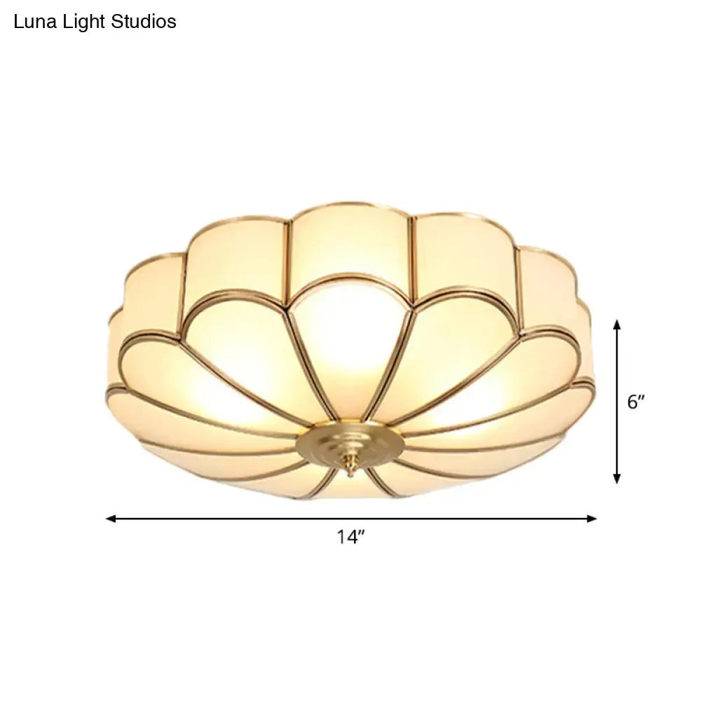 Vintage Scalloped Frosted Glass Flush Mount Light With Brass Finish - 3 Lights For Bedroom Ceiling