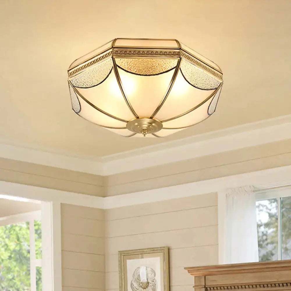 Vintage Scalloped Frosted Glass Flush Mount Light With Brass Finish - 3 Lights For Bedroom Ceiling